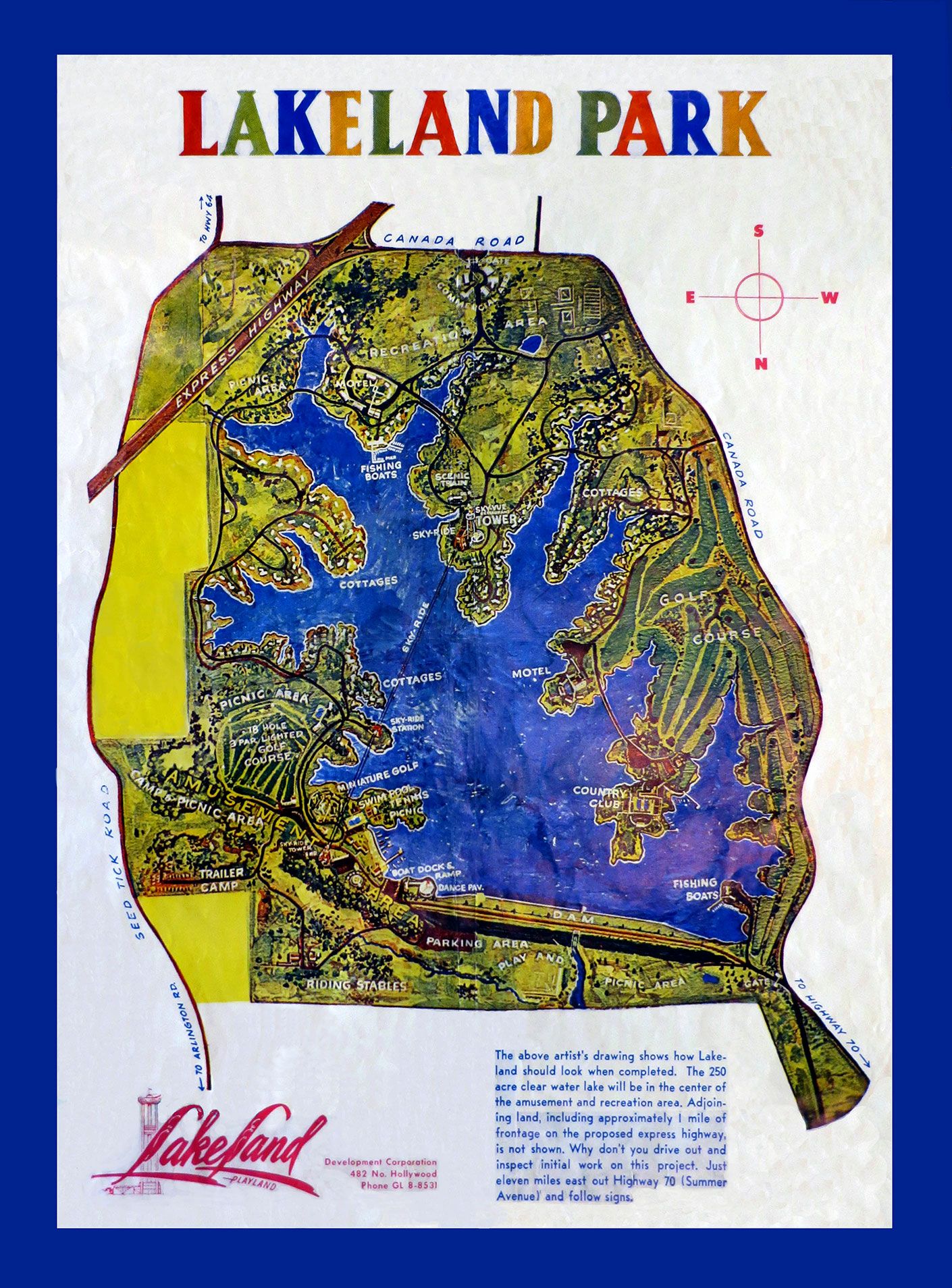 A promotional poster showing the plans for Lakeland Lake and Amusement Park